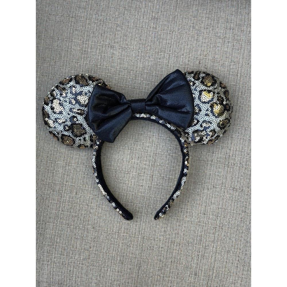 Disney Mickey Mouse Ears Headband Sequined Bow Leopard Animal Print Black/Gold